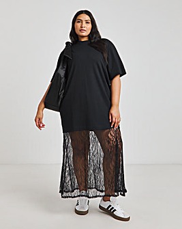 Black Hybrid Lace Hem T-Shirt Dress