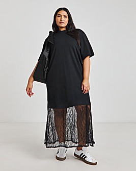 Black 2 in 1 T-Shirt Dress With Lace Midi Skirt