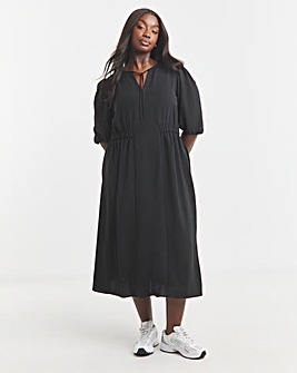 Black Cinched Waist Midi Dress With Pockets