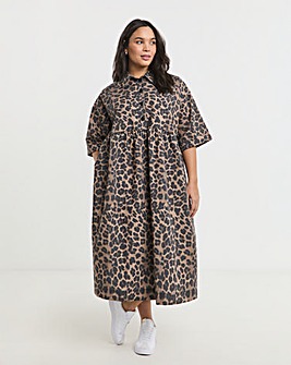 Leopard Printed Shirt Dress With Pockets