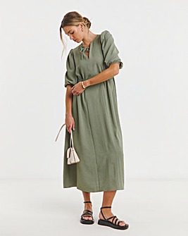 Khaki Cinched Waist Midi Dress With Pockets