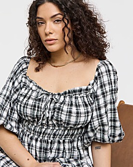 Simply Be Mono Check Midi Dress With Shirred Bodice