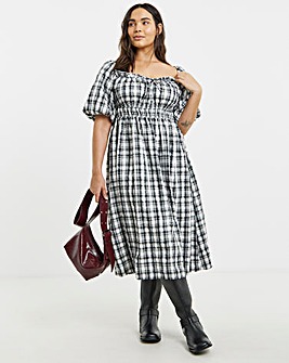 Simply Be Mono Check Midi Dress With Shirred Bodice