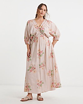 Pink Floral Printed Linen Blend Midi Dress