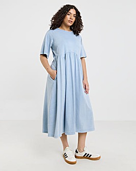 Blue Acid Wash Midi Smock Dress With Pockets