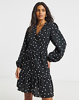Mono Spot Print Wrap Smock Dress