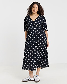 Black Ditsy Print Spun Viscose Button Up Midi Dress
