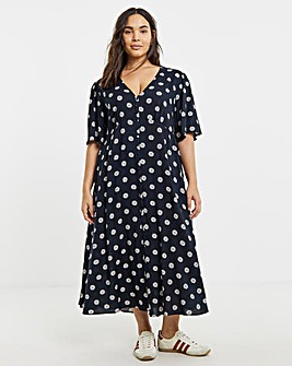 Black Ditsy Print Spun Viscose Button Up Midi Dress