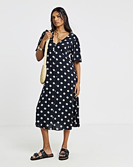 Black Ditsy Print Spun Viscose Button Up Midi Dress