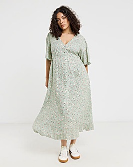 Green Ditsy Print Spun Viscose Button Up Midi Dress