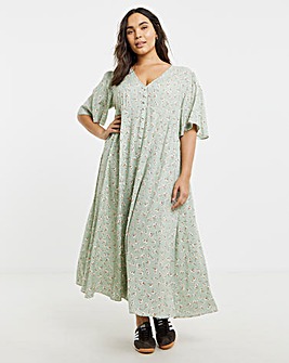 Sage Ditsy Print Spun Viscose Button Up Midi Dress