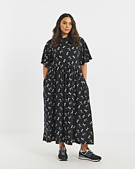 Bow Print Supersoft Boat Neck Midi Dress With Pockets