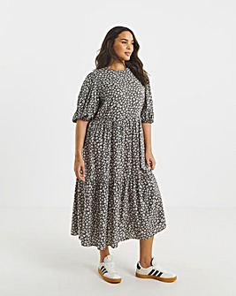 Mono Ditsy Print Tiered Midi Dress