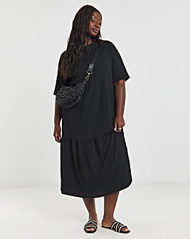 Black Textured Jersey Drop Waist Midi Dress