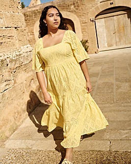 Yellow Broderie Tiered Maxi Dress