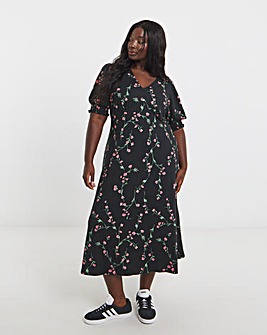 Black Ditsy Floral Print Supersoft Midi Dress