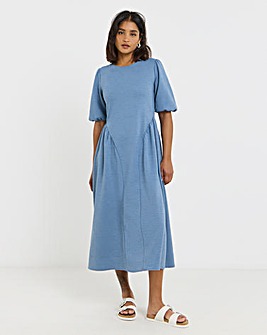 Blue Jersey Linen Look Midi Dress With Waist Detail