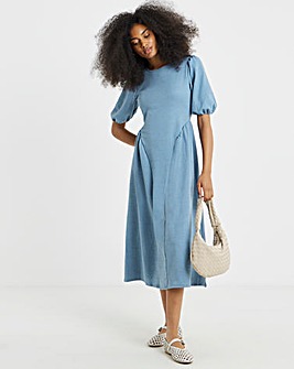 Blue Textured Jersey Midi Dress With Waist Detail