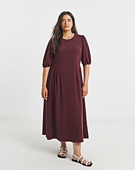 Chocolate Jersey Linen Look Midi Dress With Waist Detail