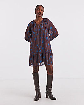 Floral Print Mesh Smock Dress