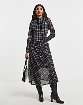 Mono Check Print Ruched Mesh Midi Dress