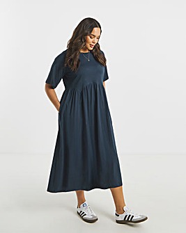 Navy Jersey Smock Midi Dress With Pockets