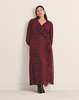 Red Leopard Georgette Frill Wrap Midi Dress