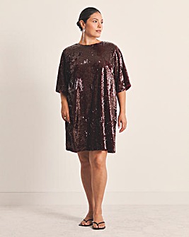 Burgundy Bow Back Sequin T-Shirt Dress