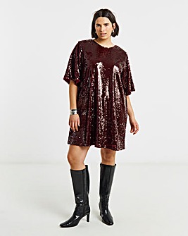 Burgundy Bow Back Sequin T-Shirt Dress