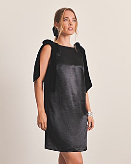 Black Satin Shift Dress With Bow Straps