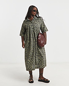 Green Leopard Printed Midi Shirt Dress With Pockets