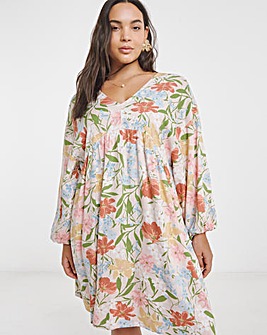 Floral Printed Linen Blend Smock Dress