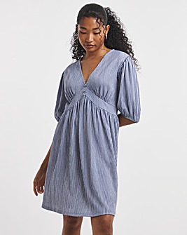 Blue Stripe Waffle Waist Detail Skater Dress