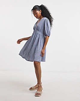 Blue Stripe Waffle Waist Detail Skater Dress