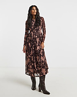 Pink Blur Print Mesh Midi Dress