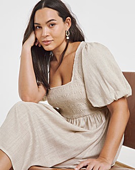 Natural Shirred Linen Skater Dress