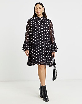 Simply Be Spot Print Swing Dress With Neck Tie Detail