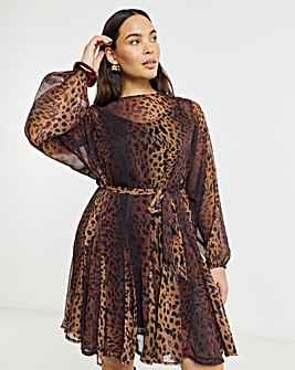 Leopard Skater Dress With Godet And Waist Tie Detail