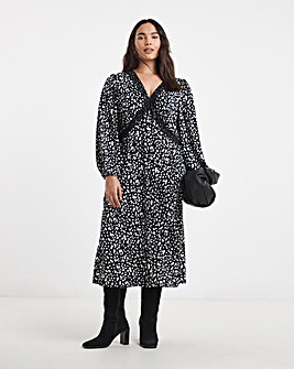 Black Print Supersoft Lace Trim Midi Dress
