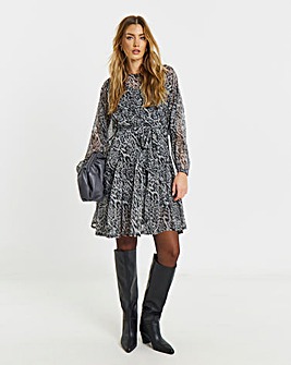 Simply Be Grey Leopard Skater Dress with Godet And Waist Tie Detail