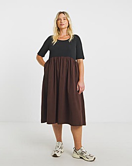 Black and Chocolate Jersey Woven Mix Midi Dress