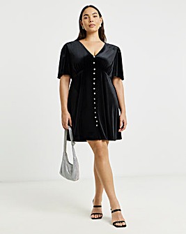 Black Button Through Velour Skater Dress