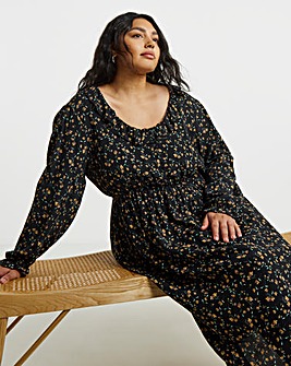 Ditsy Floral Print Frill Neck Detail Midi Dress