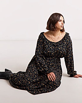 Ditsy Floral Print Frill Neck Detail Midi Dress