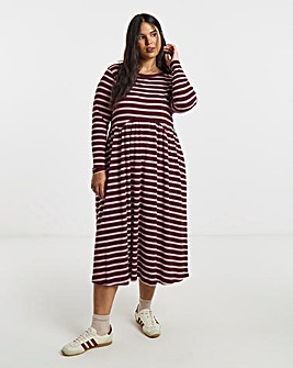 Burgundy And Pink Stripe Ribbed Midi Dress With Pockets