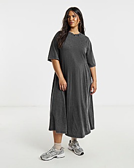Grey Acid Wash Midi Dress With Waist Detail