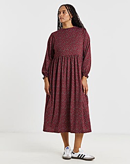 Red Ditsy Print Supersoft Midi Dress With Shirred Cuff
