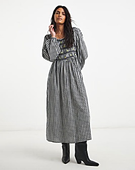 Simply Be Floral Embroidered Mono Gingham Shirred Midi Dress