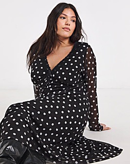 Mono Spot Print Mesh Lace Trim Midi Dress