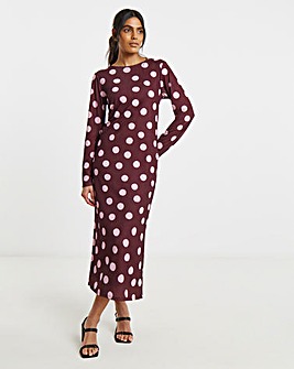Burgundy And Pink Spot Print Mesh Midi Dress